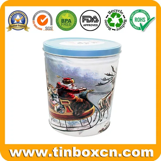 Wholesale Holiday Christmas Popcorn Tin Bucket Custom Empty 3.5 Gallon Tin with Lid Metal Popcorn Tin Can Container Factory 