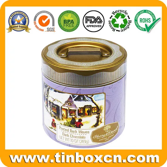 Round Food Storage Metal Box Dark Chocolate Tins with Handle Lid 