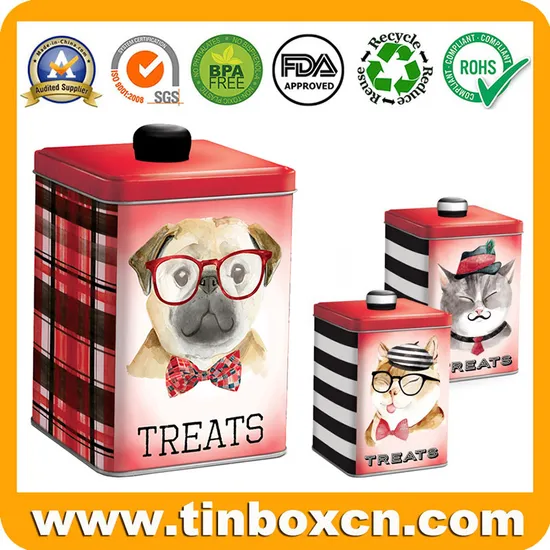 Custom Square Dog Food Storage Tin Container with Knob Pet Treats Snack Tin Box with Branded Printing for Wholesale Pet Biscuit Cookies Tin Manufacturer 