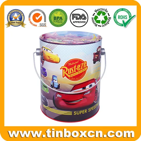 Wholesale Cartoon Animation Tin Bucket with Handle and Coin Bank Customized Round Cylindrical Tin Can Container for Food Biscuit Cookies Storage Factory 