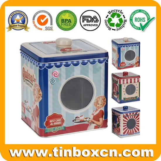 Tea Coffee Sugar Biscuit Cookie Sweet Cake Square Metal Storage Tin Canister with Window 