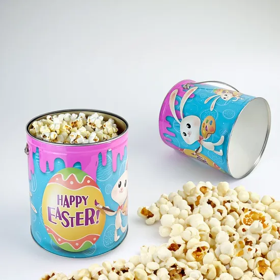 Wholesale New Fashion Empty Holiday Popcorn Tins Container Bucket Packaging Cans Food Safe Round Popcorn Tin with Lids 
